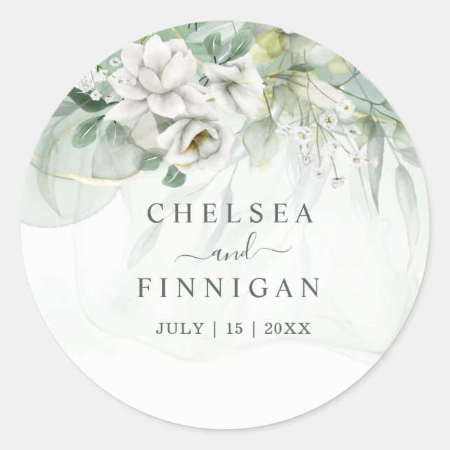 Wedding Elegant Watercolor Greenery  Classic Round Sticker (Front)