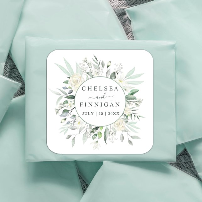 Wedding Elegant Watercolor Greenery Floral  Square Sticker (Modern Elegant Greenery #weddingsticker #greenery,#whitefloral#greenandwhite #addname #)