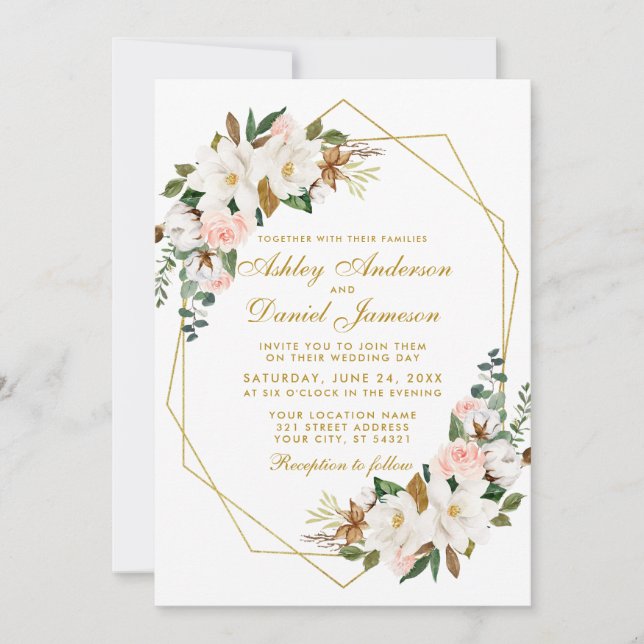 Wedding Elegant Watercolor Magnolias Roses Gold Invitation (Front)