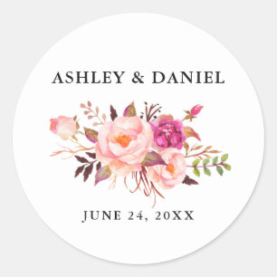 Wedding Elegant Watercolor Pink Blush Floral Classic Round Sticker