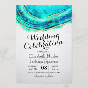 Wedding Elegant Watercolor Teal & Gold Agate Geode Invitation