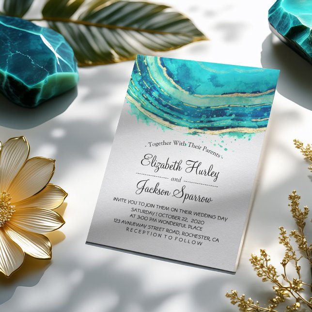 Wedding Elegant Watercolor Teal & Gold Agate Geode Invitation (Creator Uploaded)