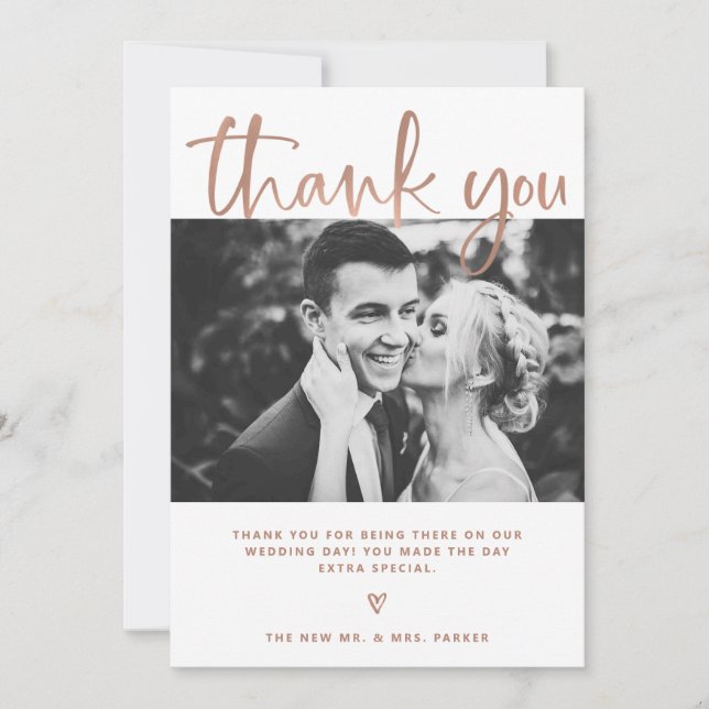 Wedding | Elegant White and Rose Gold with Photos Thank You Card (Front)