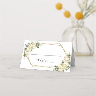 Wedding Elegant White Chic Rose Floral Gold Frame Place Card