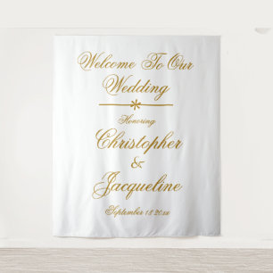 Wedding Elegant White & Gold Script Names Chic  Tapestry