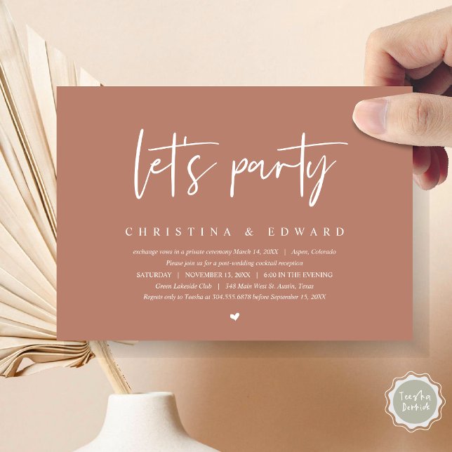 Wedding Elopement Dinner and Dancing, Let's party Invitation (Let's Party, Post Wedding Elopement Dinner and Party Celebration Invitation Card, in Terracotta )