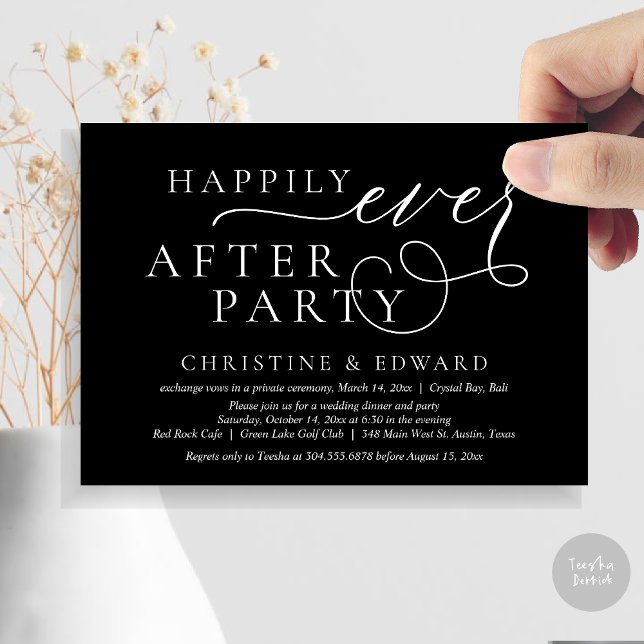 Wedding Elopement Dinner, Happily Ever After Party Invitation (Wedding Elopement Dinner, Happily Ever After Party Invitation Card, PDF, in classy black)