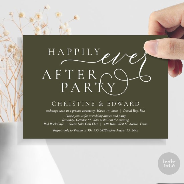 Wedding Elopement Dinner, Happily Ever After Party Invitation (Wedding Elopement Dinner, Happily Ever After Party Invitation Card, PDF, in Olive Green)