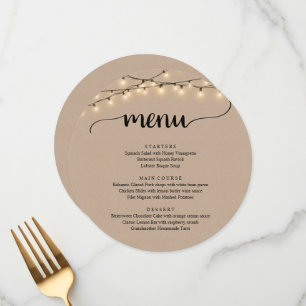Wedding Elopement Dinner String Lights Brown Kraft Menu