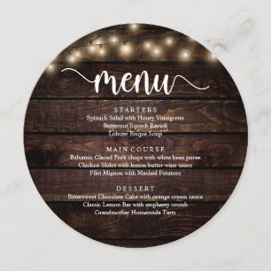 Wedding Elopement Dinner, String Lights Brown Wood Menu