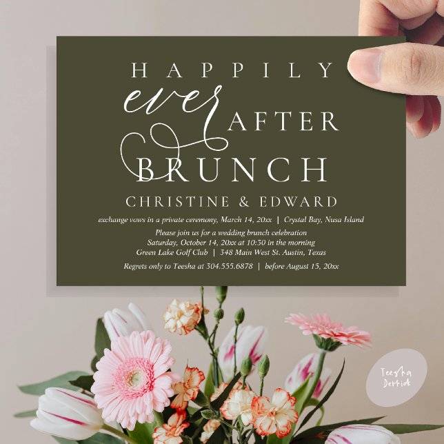 Wedding Elopement, Happily Ever After Brunch Invitation (Modern Classy Wedding Elopement, Happily Ever After Brunch Invitation Card, PDF, in Olive Green)