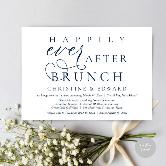 Wedding Elopement, Happily Ever After Brunch Invitation (Modern Classy Wedding Elopement, Happily Ever After Brunch Invitation Card, PDF, in Navy Blue)