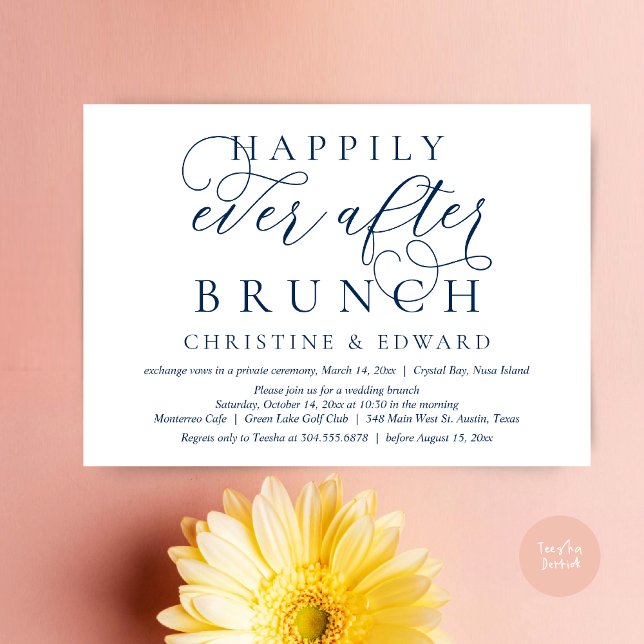 Wedding Elopement, Happily Ever After Brunch Invitation (Modern Classy Wedding Elopement, Happily Ever After Brunch Invitation Card, PDF, in Navy Blue)