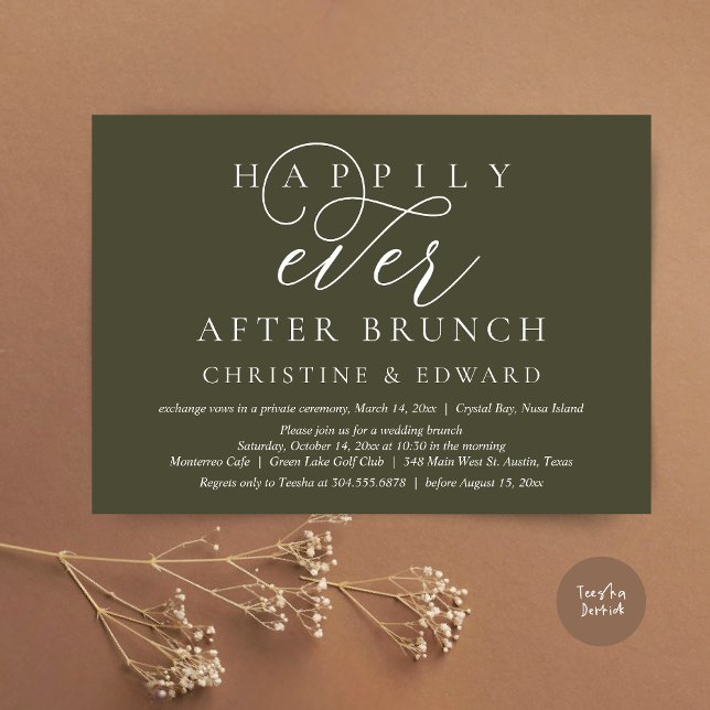 Wedding Elopement, Happily Ever After Brunch Invitation (Modern Classy Wedding Elopement, Happily Ever After Brunch Invitation Card, PDF, in Olive Green)