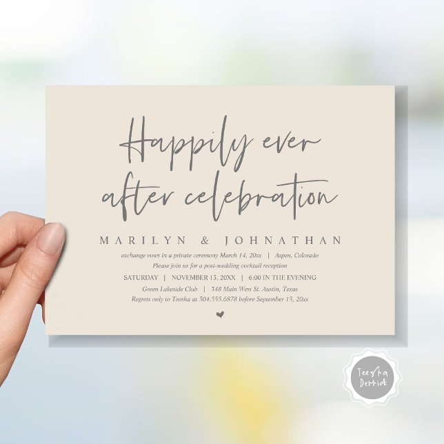 Wedding Elopement, Happily Ever after Celebration Invitation (Wedding Elopement, Happily Ever after Celebration Invitation Card, Printed, File, in grey and cream)