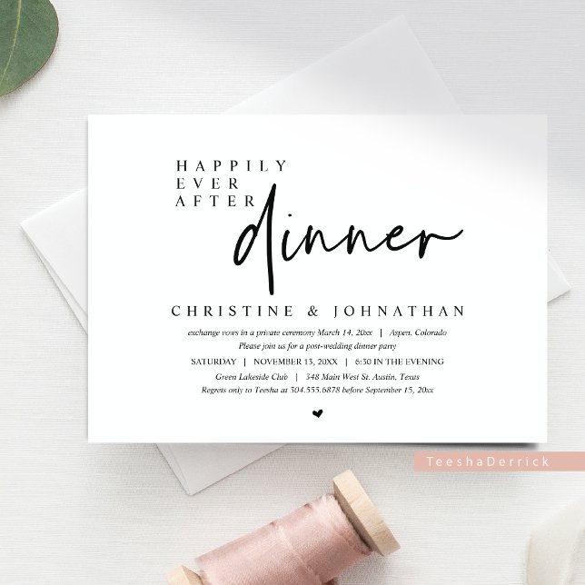 Wedding Elopement, Happily Ever After Dinner Party Invitation (Wedding Elopement, Happily Ever After Dinner Party and Dancing Invitation Card in Black and White.)
