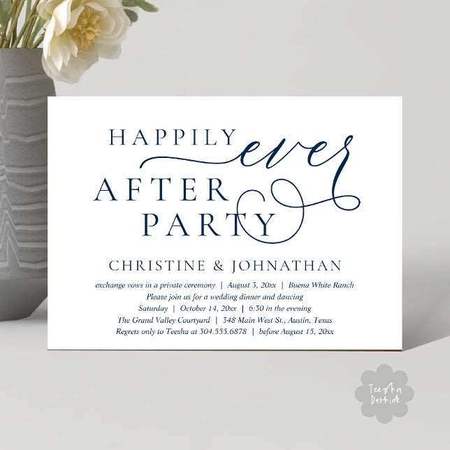 Wedding Elopement, Happily Ever After Party Invitation (Wedding Elopement, Happily Ever After Party Invitation Card PDF Modern Romantic Classy Navy Blue)