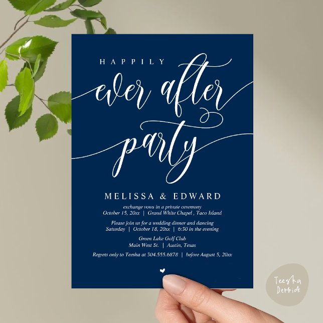 Wedding Elopement, Happily Ever After Party  Invitation (Happily Ever After Party Invitation Card, PDF, Wedding Elopement Dinner Brunch Lunch, Navy Blue)