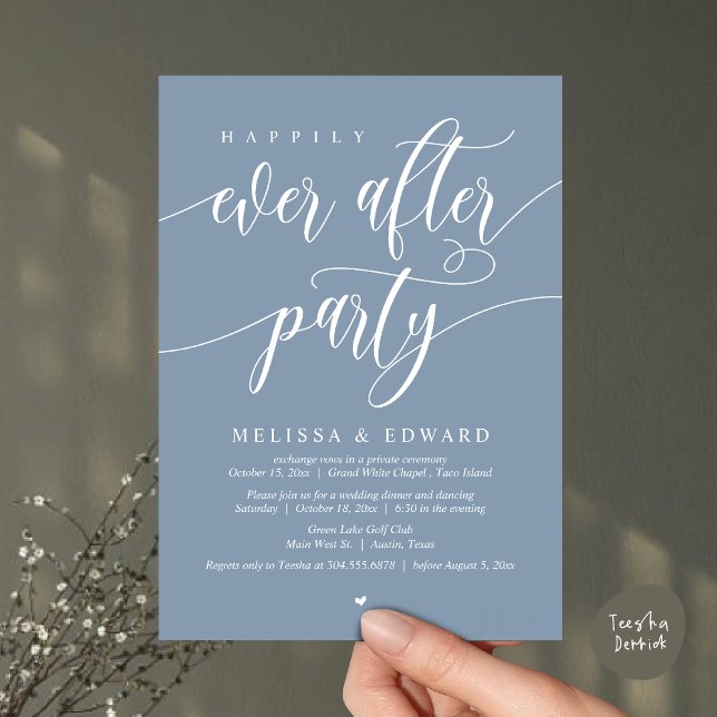 Wedding Elopement, Happily Ever After Party  Invitation (Happily Ever After Party Invitation Card, PDF, Wedding Elopement Dinner Brunch Lunch, Dusty Blue)