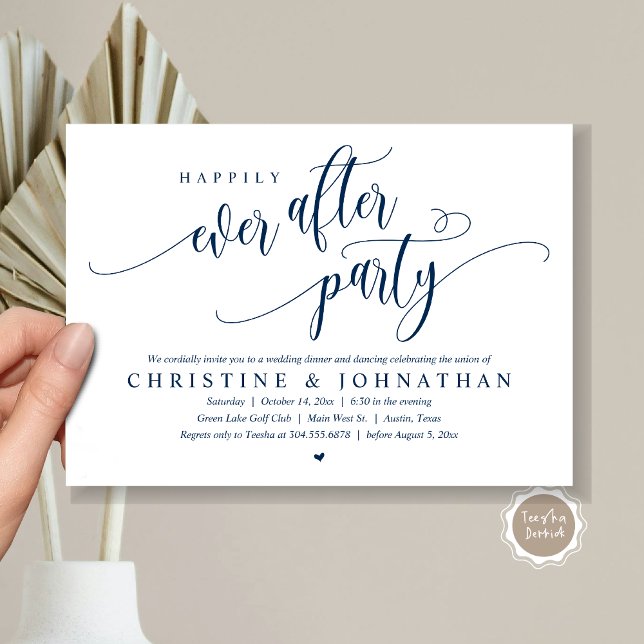 Wedding Elopement, Happily Ever After Party  Invitation (Wedding Elopement, Happily Ever After Party Invitation Card, Modern Contemporary, PDF, in Navy Blue)