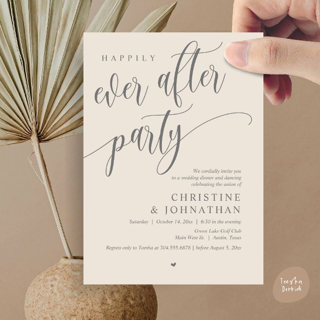 Wedding Elopement, Happily Ever After Party  Invitation (Wedding Elopement, Happily Ever After Party Invites Card, Modern Contemporary, PDF, Dark Grey Cream)
