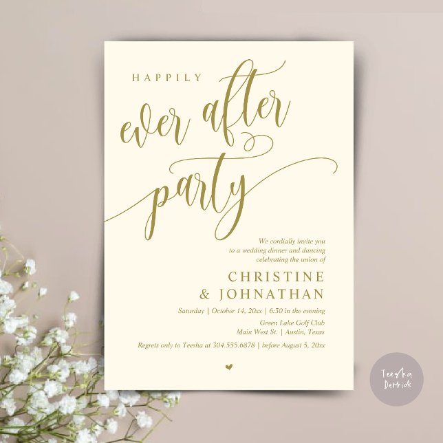 Wedding Elopement, Happily Ever After Party  Invitation (Wedding Elopement, Happily Ever After Party Invites Card, Modern Contemporary, PDF, Yellow Gold)