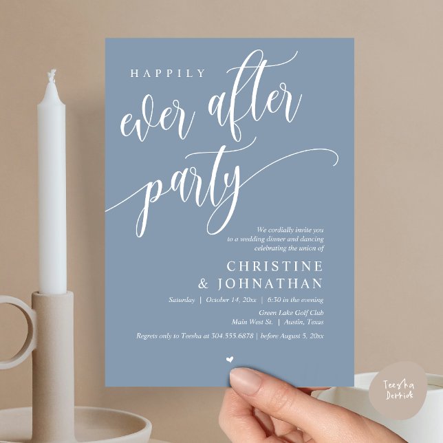 Wedding Elopement, Happily Ever After Party  Invitation (Wedding Elopement, Happily Ever After Party Invites Card, Modern Contemporary, PDF, in Dusty Blue)
