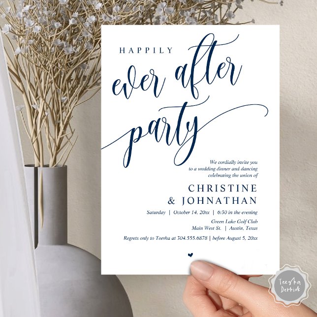 Wedding Elopement, Happily Ever After Party  Invitation (Wedding Elopement, Happily Ever After Party Invites Card, Modern Contemporary, PDF, Navy Blue)
