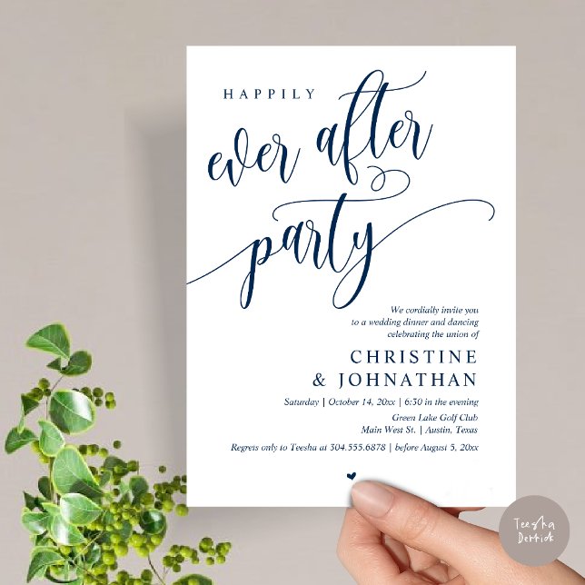 Wedding Elopement, Happily Ever After Party  Invitation (Wedding Elopement, Happily Ever After Party Invites Card, Modern Contemporary, PDF, Navy Blue)