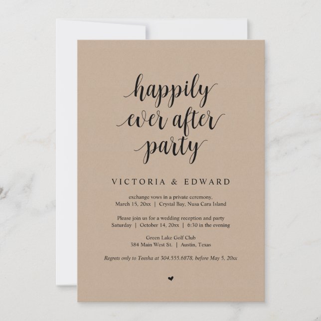 Wedding Elopement, Happily Ever After Party, kraft Invitation (Front)