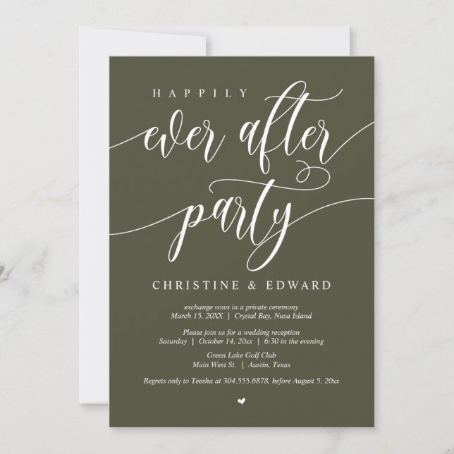 Wedding Elopement, Happily Ever After Party, Olive Invitation (Front)