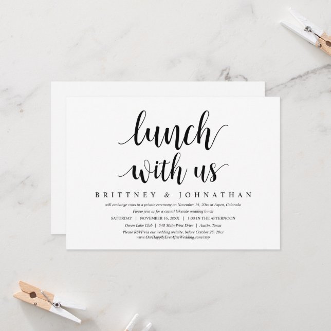 Wedding Elopement, Lunch With Us, Newlyweds Invita Invitation (Front/Back In Situ)