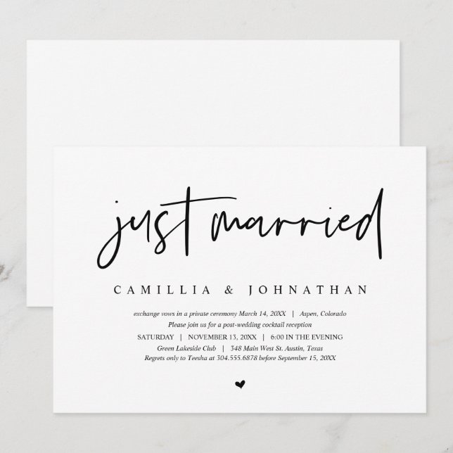 Wedding Elopement, Modern Minimalist Just married Invitation (Front/Back)