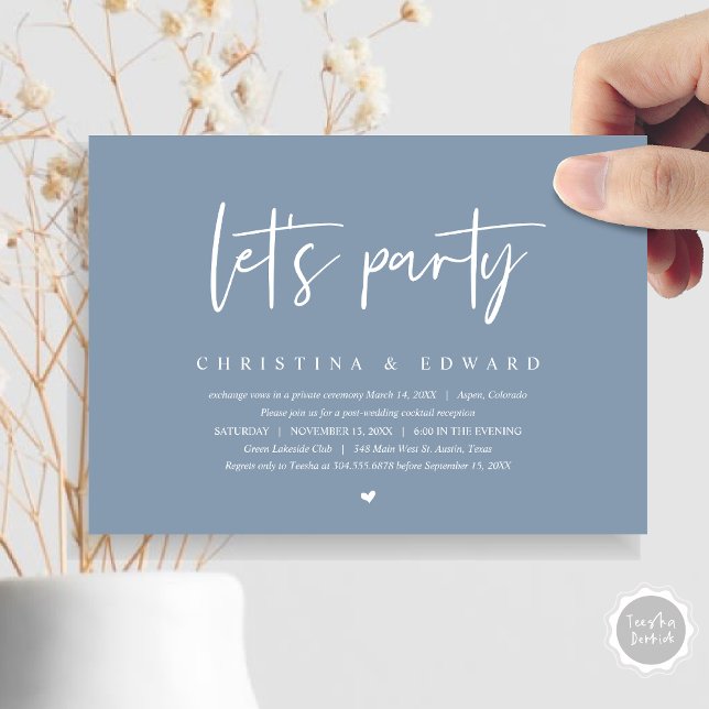 Wedding Elopement, Modern Minimalist, lets party Invitation (Let's Party, Post Wedding Elopement Dinner and Party Celebration Invitation Card, in Dusty Blue)