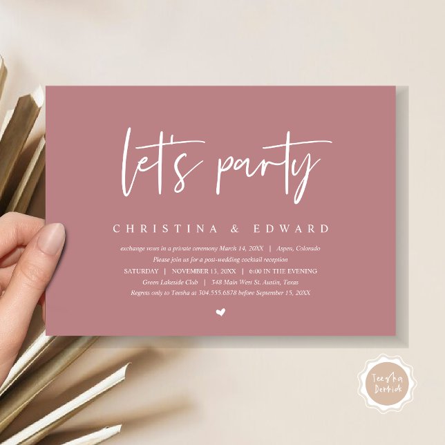 Wedding Elopement, Modern Minimalist, lets party Invitation (Let's Party, Post Wedding Elopement Dinner and Party Celebration Invitation Card, in Dusty Rose Pink)