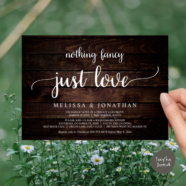 Wedding Elopement, Nothing Fancy Just Love Dinner Invitation (Wedding Elopement, Nothing Fancy Just Love Dinner Invitation Card, PDF, Rustic Cottage Brown Wood)