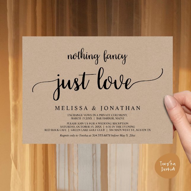 Wedding Elopement, Nothing Fancy Just Love Dinner Invitation (Wedding Elopement, Nothing Fancy Just Love Dinner Invitation Card, PDF, Rustic Cottage Brown Kraft)