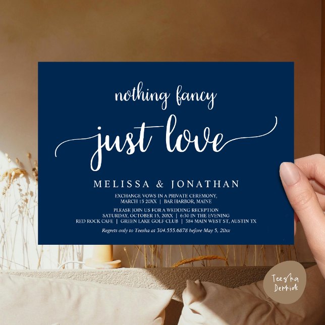 Wedding Elopement, Nothing Fancy Just Love Dinner Invitation (Wedding Elopement, Nothing Fancy Just Love Dinner Invitation Card, PDF, Rustic Cottage Navy Blue)