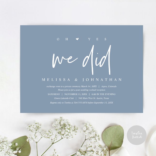 Wedding Elopement, oh yes we did Invitation (Oh yes we did, Modern Wedding Elopement Dinner Party Invitation Card, PDF, Dusty Blue)