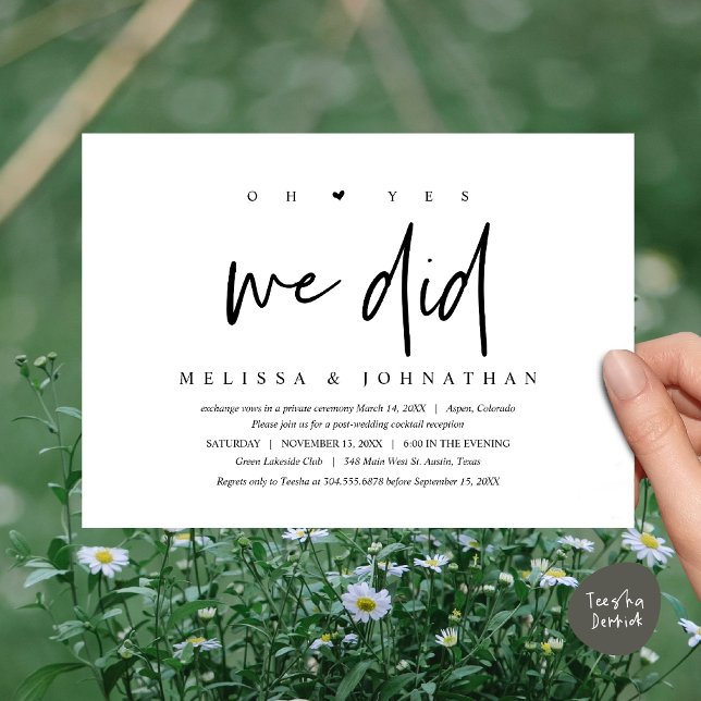 Wedding Elopement, oh yes we did Invitation (Oh yes we did, Modern Wedding Elopement Dinner Party Invitation Card, PDF, White Black)