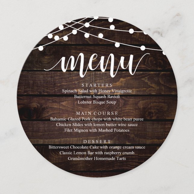 Wedding Elopement Reception Dinner, Rustic Wood Menu (Front)