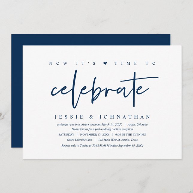 Wedding Elopement, time to celebrate, Navy Blue Invitation (Front/Back)