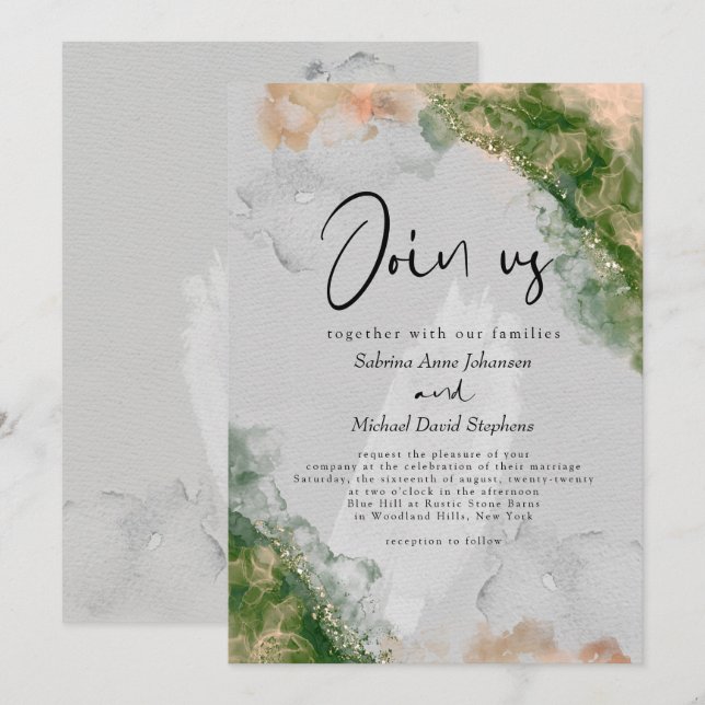 WEDDING | Emerald and Coral Alcohol Ink Invitation (Front/Back)