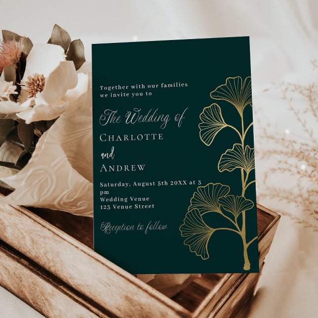 Wedding emerald green ginkgo leaves gold luxury invitation (Creator Uploaded)