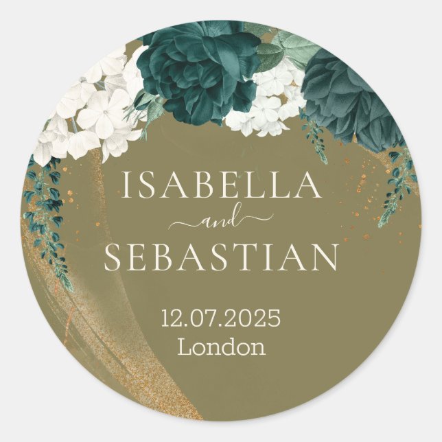 Wedding Emerald Green yellow Rose Classic Round Sticker (Front)