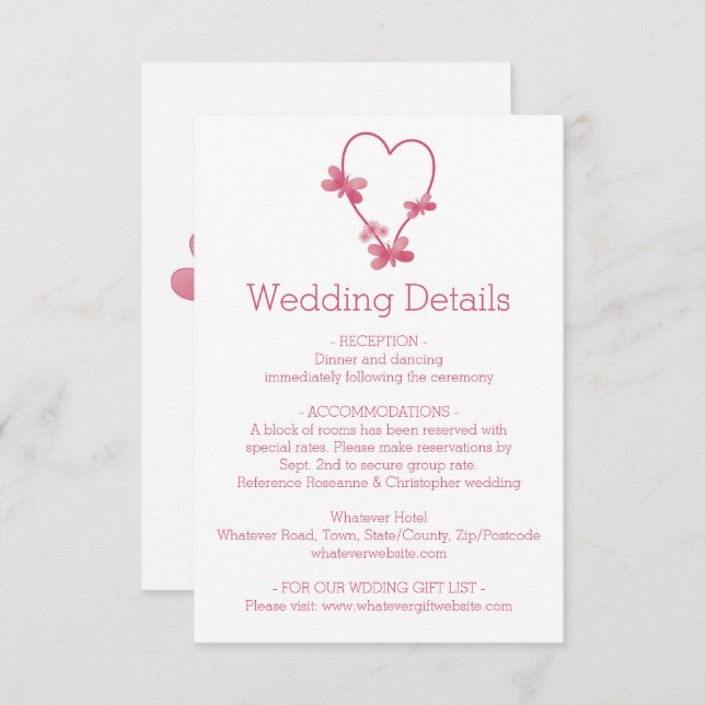 Wedding Enclosure Card Pink Heart Butterflies (Front/Back)