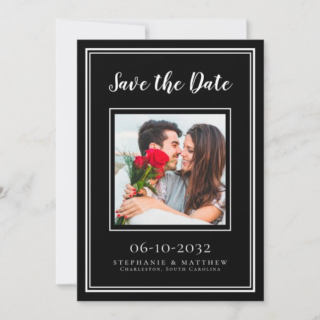 Wedding Engagement Couple Photo Modern Black White Save The Date (Front)