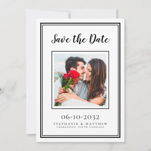 Wedding Engagement Couple Photo Modern White Black Save The Date (Front)