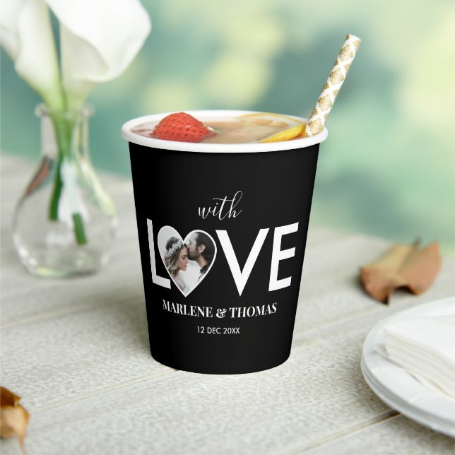 Wedding Engagement Custom Photo Black Heart Frame Paper Cups (Insitu)