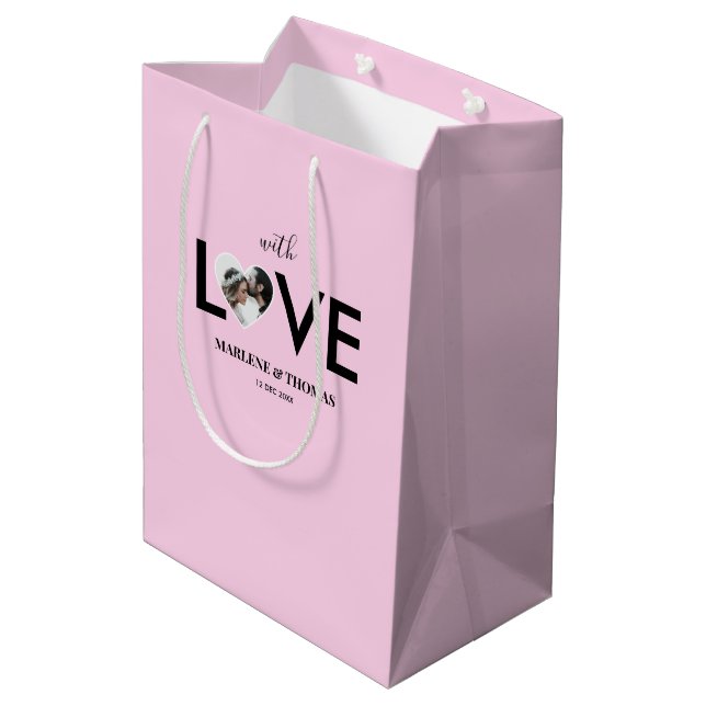 Wedding Engagement Custom Photo Pink Heart Frame Medium Gift Bag (Back Angled)